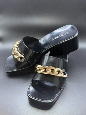 Olivia Miller Black Chain Platform Mule Heels Square Toe Slides